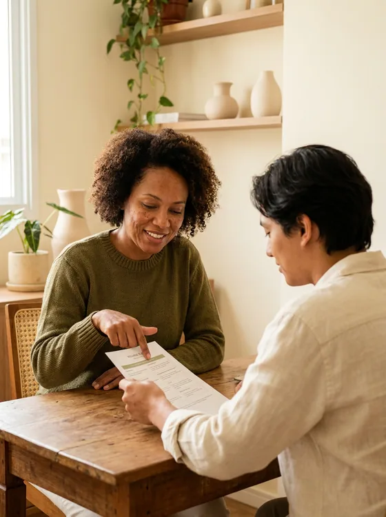 Profissional em consulta, revisando um plano com um cliente